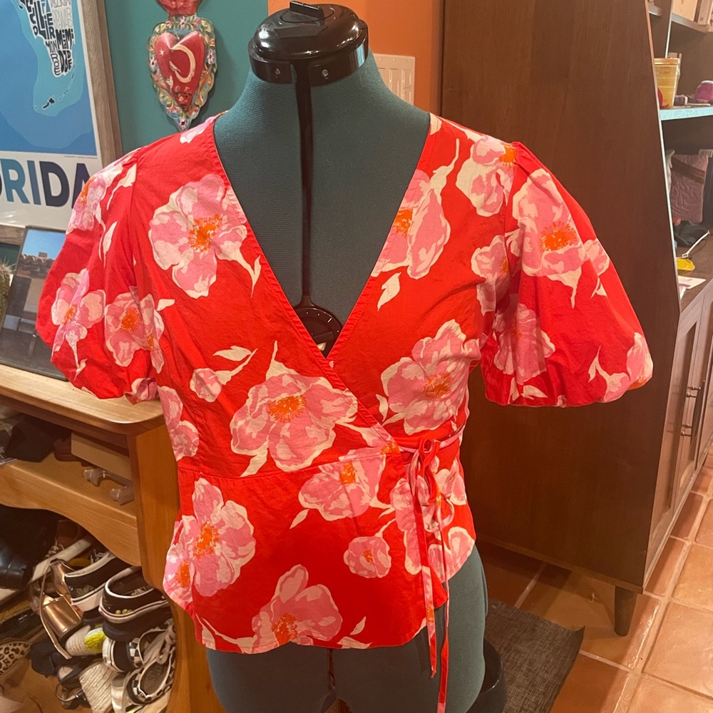 Floral Wrap Top - Red and Pink